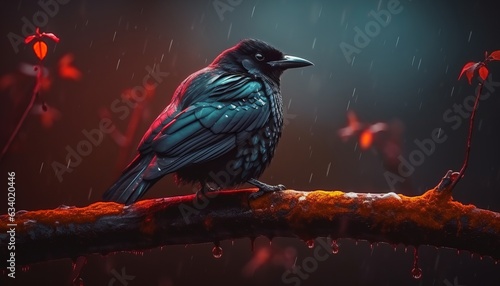 a black bird sitting on a tree branch in the rain with drops of water on it's wings and a dark background with red and blue hue