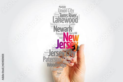 List of cities in New Jersey USA state, map silhouette word cloud, map concept background photo