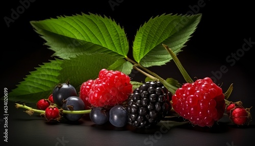 a bunch of berries and a leaf on a black surface with a green leaf on top of it and a red berry on the other side
