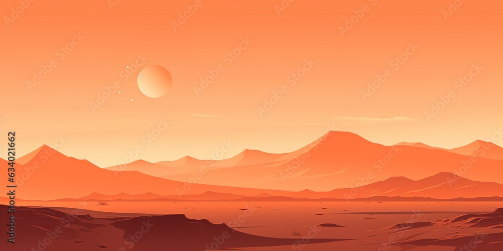 Obraz premium Vector art illustration with a mountain range and a setting sun with orange hues. AI generative art
