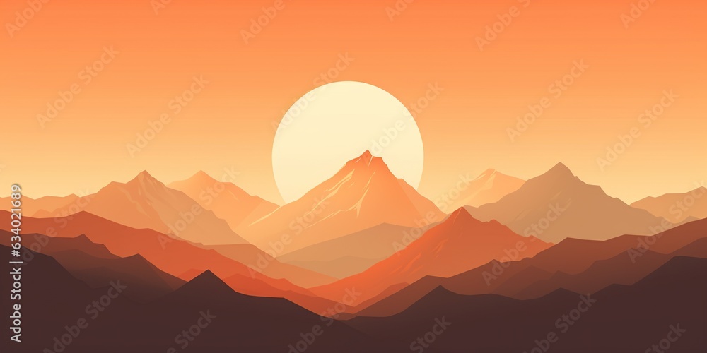 Obraz premium Vector art illustration with a mountain range and a setting sun with orange hues. AI generative art