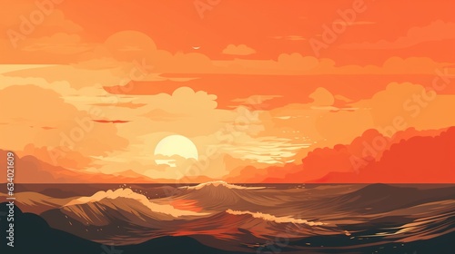 Vector art illustration with a ocean scene and a setting sun with orange hues. AI generative art