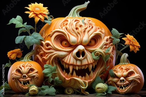 Carved pumpkins with spooky faces and autumn leaves © pham