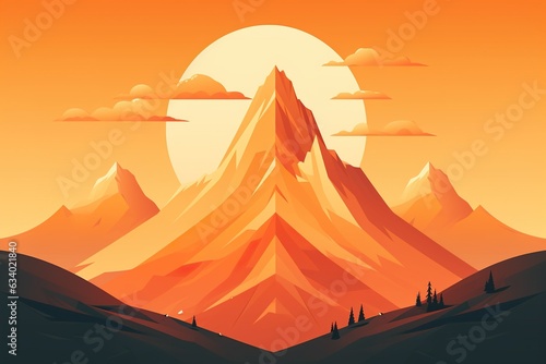 Vector art illustration with a mountain range and a setting sun with orange hues. AI generative art