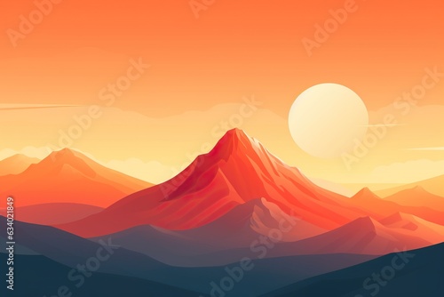 Vector art illustration with a mountain range and a setting sun with orange hues. AI generative art