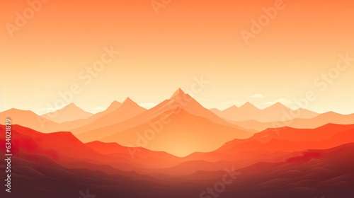 Vector art illustration with a mountain range and a setting sun with orange hues. AI generative art