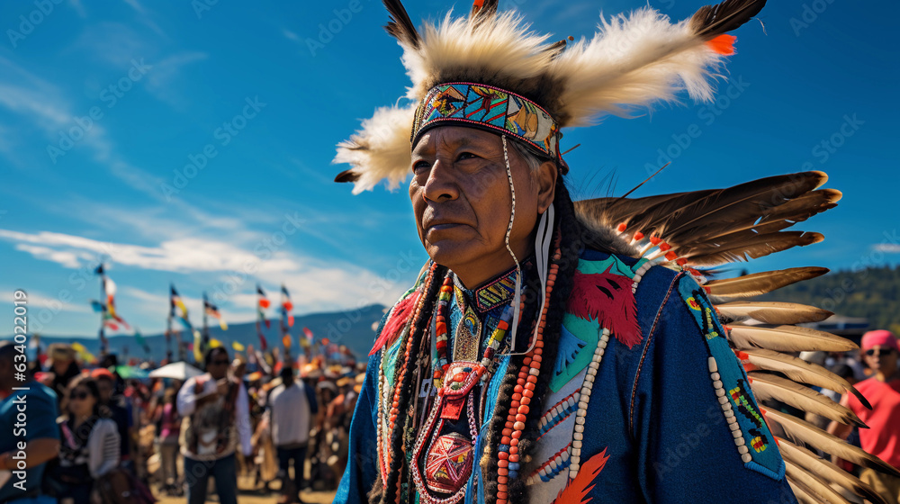 A Native American Powwow, full regalia, vibrant colors, traditional dance, cultural respect, spectators in background, sunny day