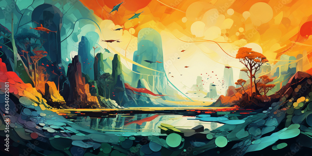Obraz premium Abstract representation of a digital nomad's life, blending elements of technology, nature, and travel, vibrant color palette, surreal, acrylic painting style