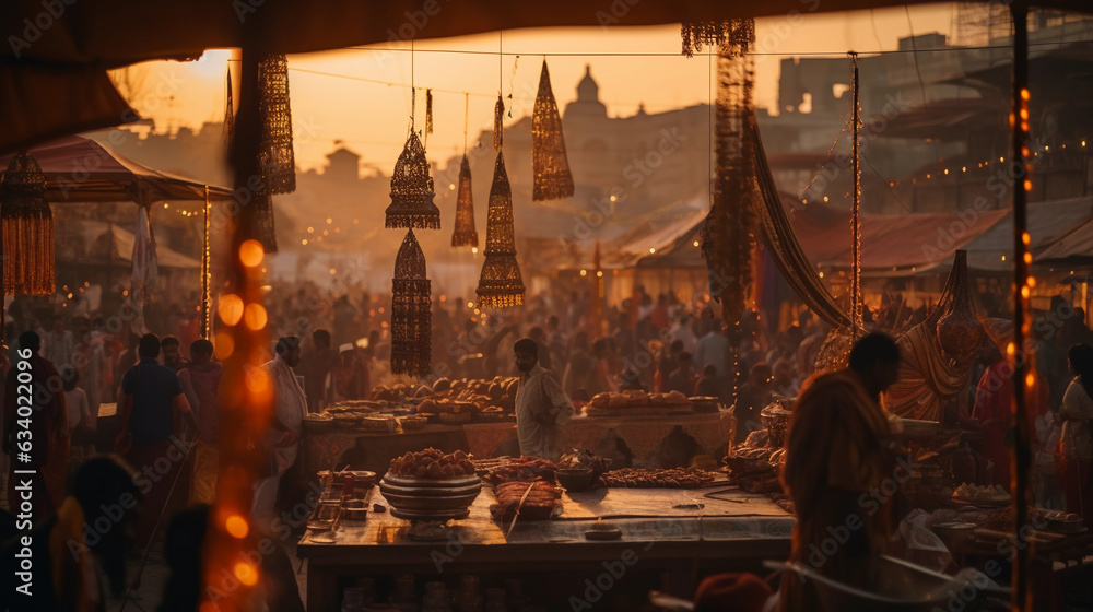 Busy Indian marketplace during festival, vivid colors, crowd, festive decorations, traditional attire, people engaged in bargaining, spices, and trinkets displayed