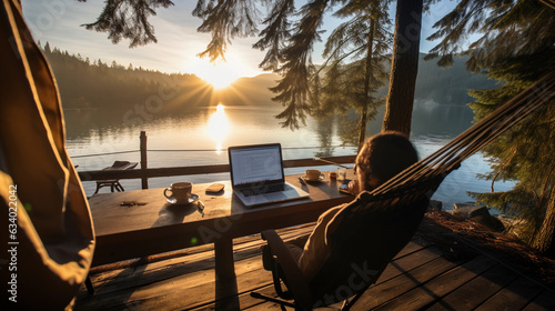 Fotografia A sunlit, serene, lakeside setup in British Columbia: a digital nomad working on