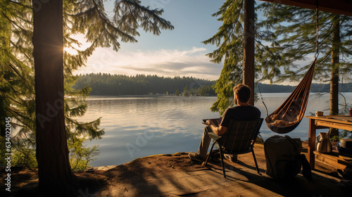 A sunlit, serene, lakeside setup in British Columbia: a digital nomad working on a laptop, sitting in a hammock, surrounded by towering pine trees, a steaming cup of coffee on a wooden table nearby photo