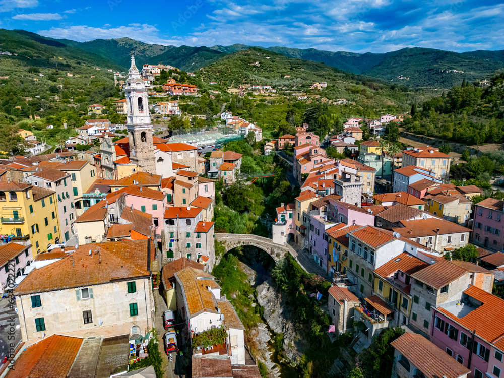 Aerial view of the village of Dolcedo, Liguria, Italy
