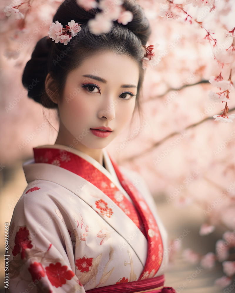 Geisha in Kyoto, traditional makeup and kimono, under cherry blossoms, spring, nostalgic Geisha in Kyoto, traditional makeup and kimono, under cherry blossoms, spring, nostalgic