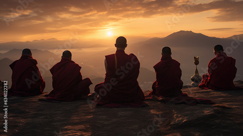 Group of Tibetan monks  crimson robes  chanting  prayer flags in the background  Himalayan backdrop