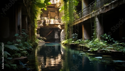 a 12 story deep and tall cenote full of permaculture gardend with flowering vines everywhere photo