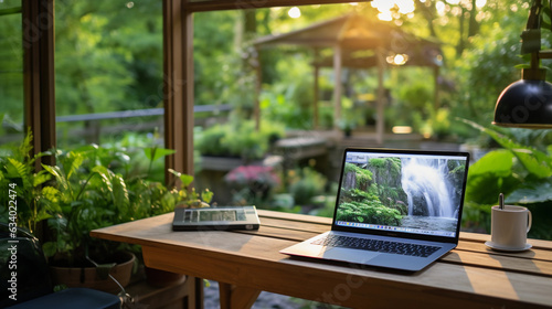 Remote work setup amidst a lush garden, visible greenery and wildlife in the background, dreamy pastel tones, Impressionist painting style