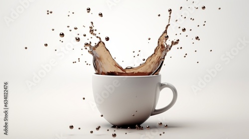 a coffee cup on a white background into which coffee is poured from the sky, Photorealistic, Sharp focus, Octane render