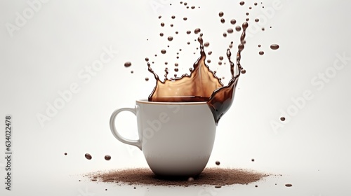 a coffee cup on a white background into which coffee is poured from the sky, Photorealistic, Sharp focus, Octane render