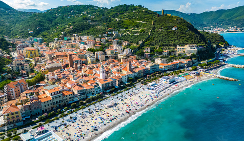 Fototapeta Naklejka Na Ścianę i Meble -  Aerial view of Noli on the Italian Riviera, Liguria, Italy