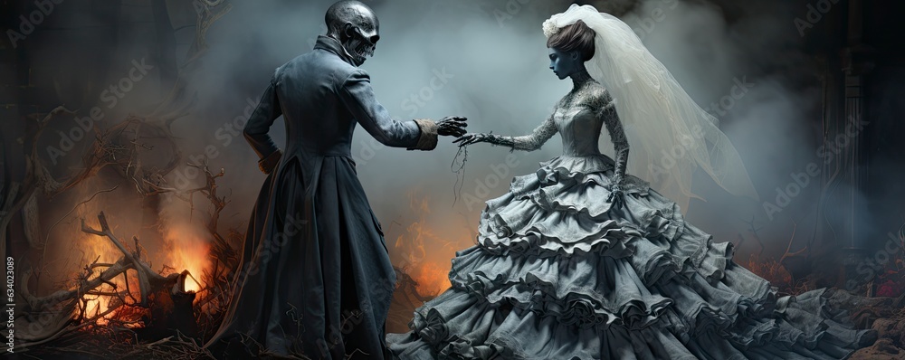 Wedding couple in medieval costumes with vampire style make up standing in the dark, Halloween theme. Wedding couple in medieval costumes with vampire style make up standing in the dark, Halloween theme.
