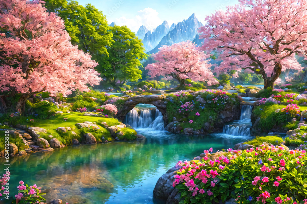 Paradise landscape with beautiful  gardens, waterfalls and flowers, magical idyllic background with many flowers in eden. - obrazy, fototapety, plakaty 