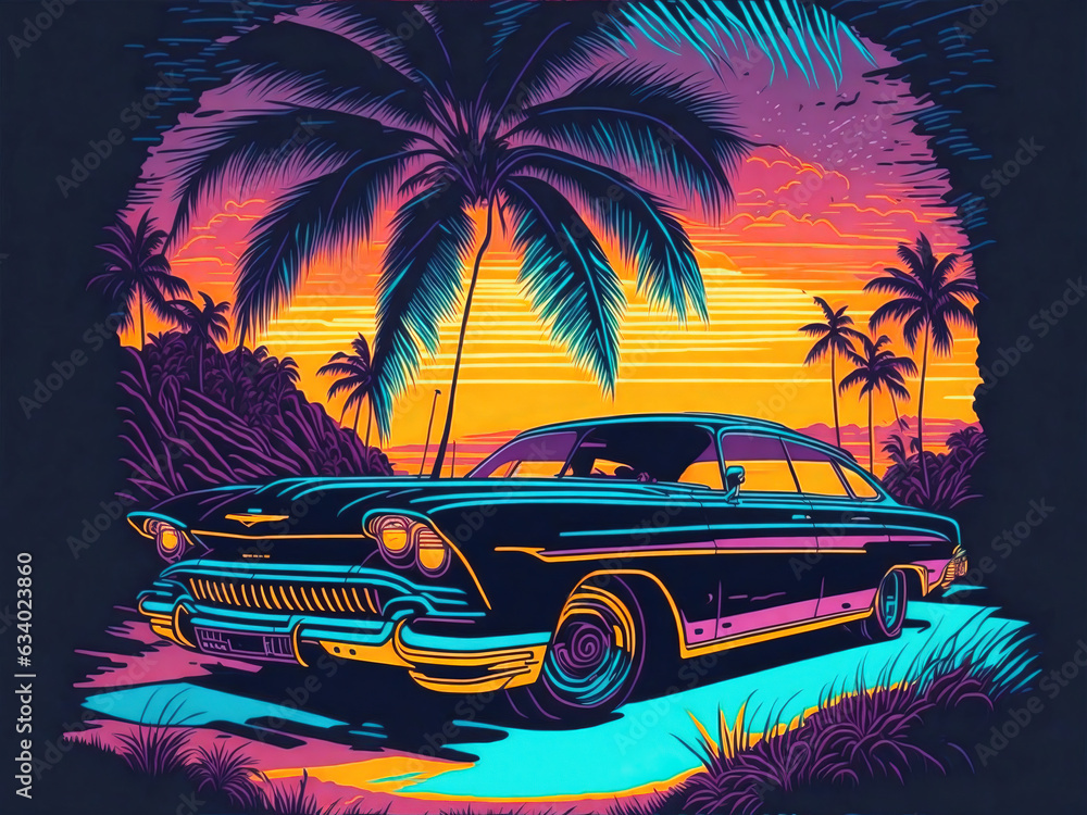 Retro car on the beach with palms  at sunset vintage design.
