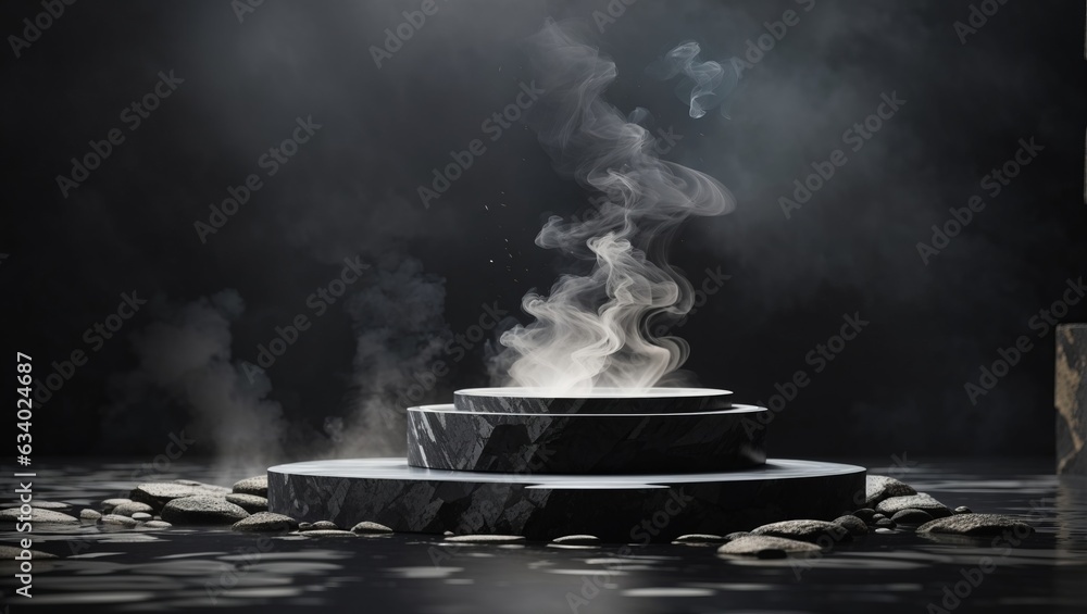 Abstract minimal concept. Dark background with natural granite stones podium on water and smoke surrounding. Mock up template for product presentation Abstract minimal concept. Dark background with natural granite stones podium on water and smoke surrounding. Mock up template for product presentation