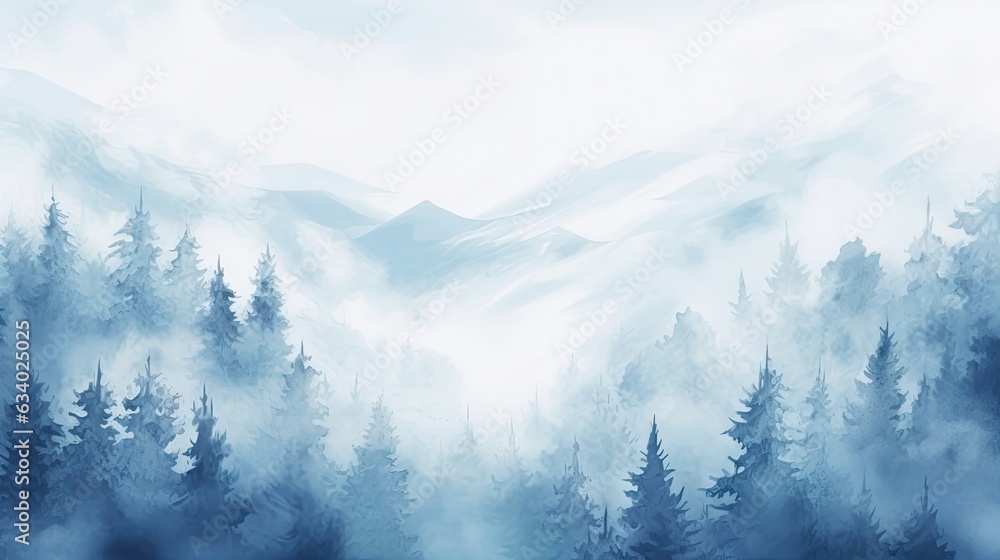 watercolour blue white landscape of foggy forest