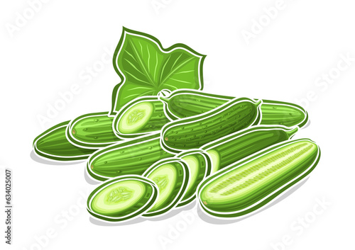 Vector logo for Cucumbers, decorative horizontal poster with outline illustration of green ripe cucumber composition, cartoon design vegetable print with raw different cucumbers on white background