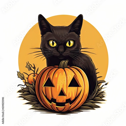 A Halloween-themed scene with a black cat and a pumpkin © pham