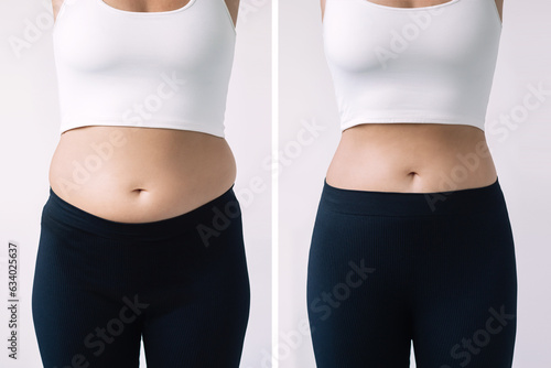 Young woman with excess fat and toned slim stomach with abs before and after losing weight isolated on a white background. Result of diet, liposuction, training. Healthy lifestyle. Overweight