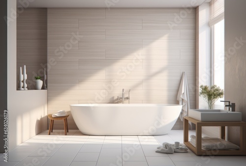 White bathroom interior with bathtub and plant  room with white bathtub