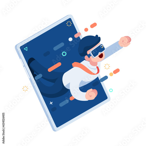 Isometric Businessman with VR Goggles in Metaverse