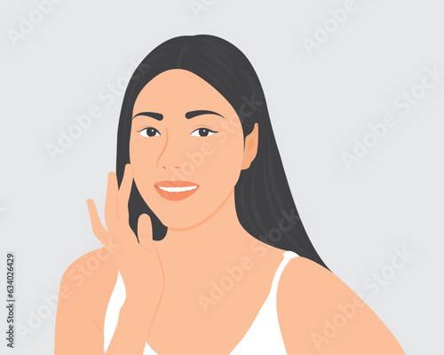Beautiful young woman with long hair smiling happily in good health or skin care.Vector illustration.