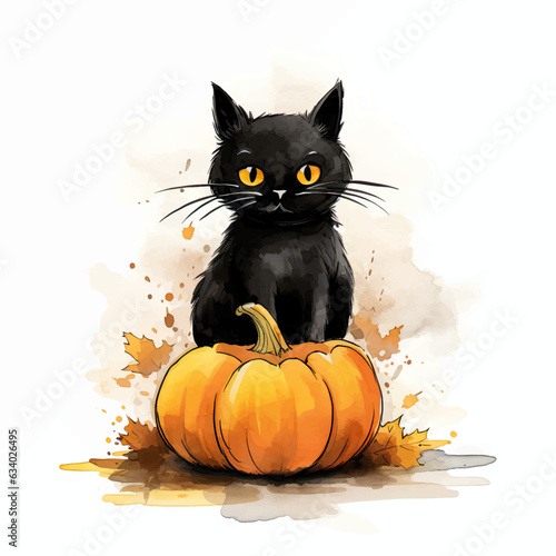 Halloween banner with tradition symbols. Black cat illustration.