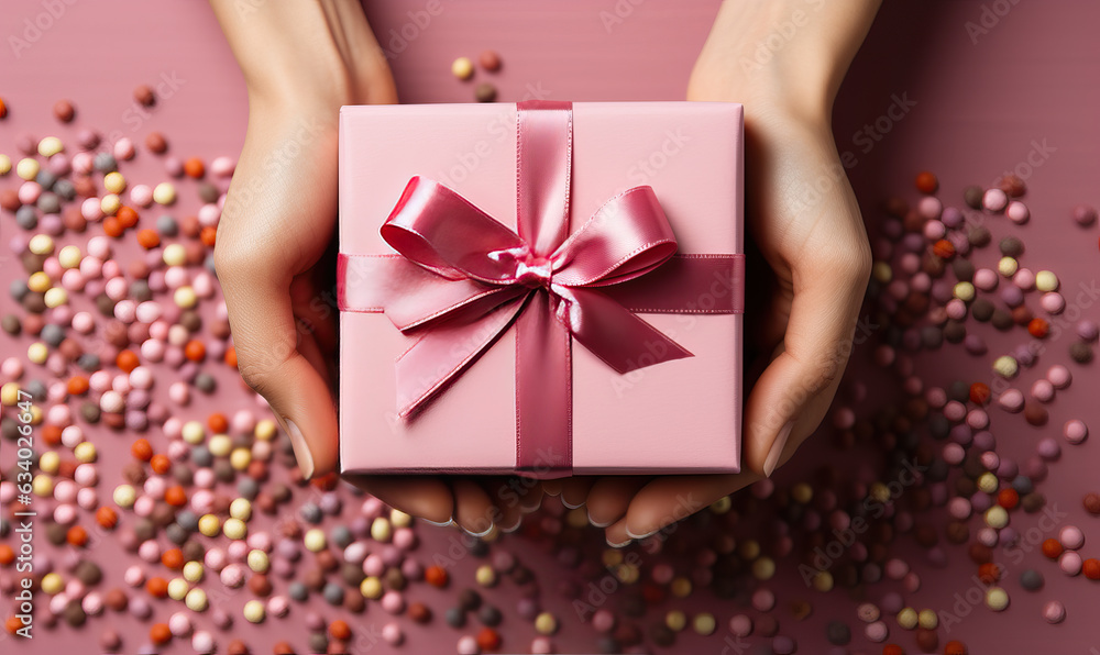 Gift box of pink color in hands close-up. Gift box of pink color in hands close-up.