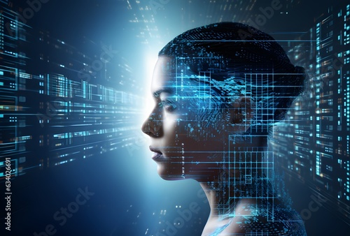 Double exposure of cyberspace concept with human head and binary code