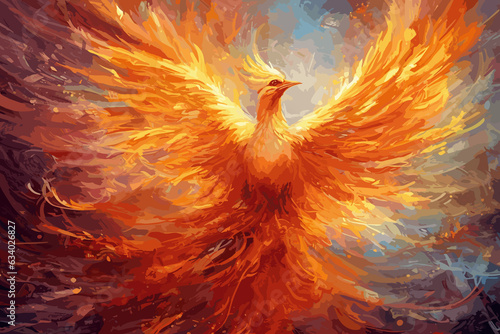 A mystical phoenix rising from flames, medium digital painting, style vibrant and fiery, lighting intense glow from the flames, colors bright reds, oranges, and yellows, composition 