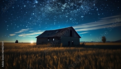 a barn in a field with a sky full of stars