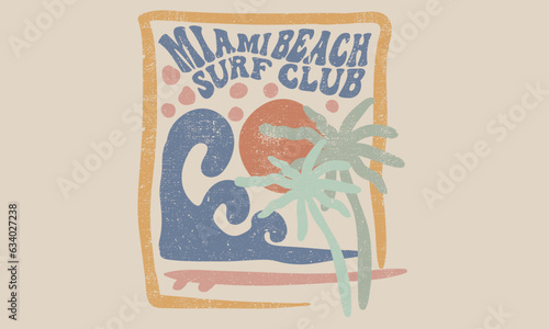 Modern art. Summer retro graphic print design. Beach vibes with board print design. Hand sketch beach vector design. Palm tree artwork. Beach wave. Miami beach surf club.