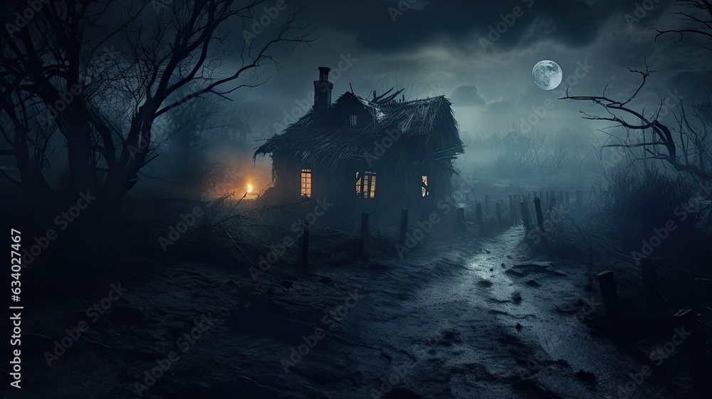 Spooky house or witch hut, scary night, halloween Spooky house or witch hut, scary night, halloween