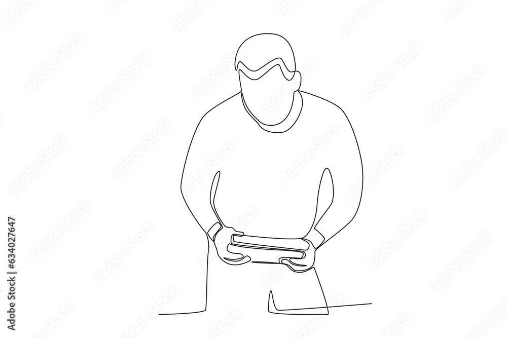 One continuous line drawing of a customer is checking the book he wants to borrow
