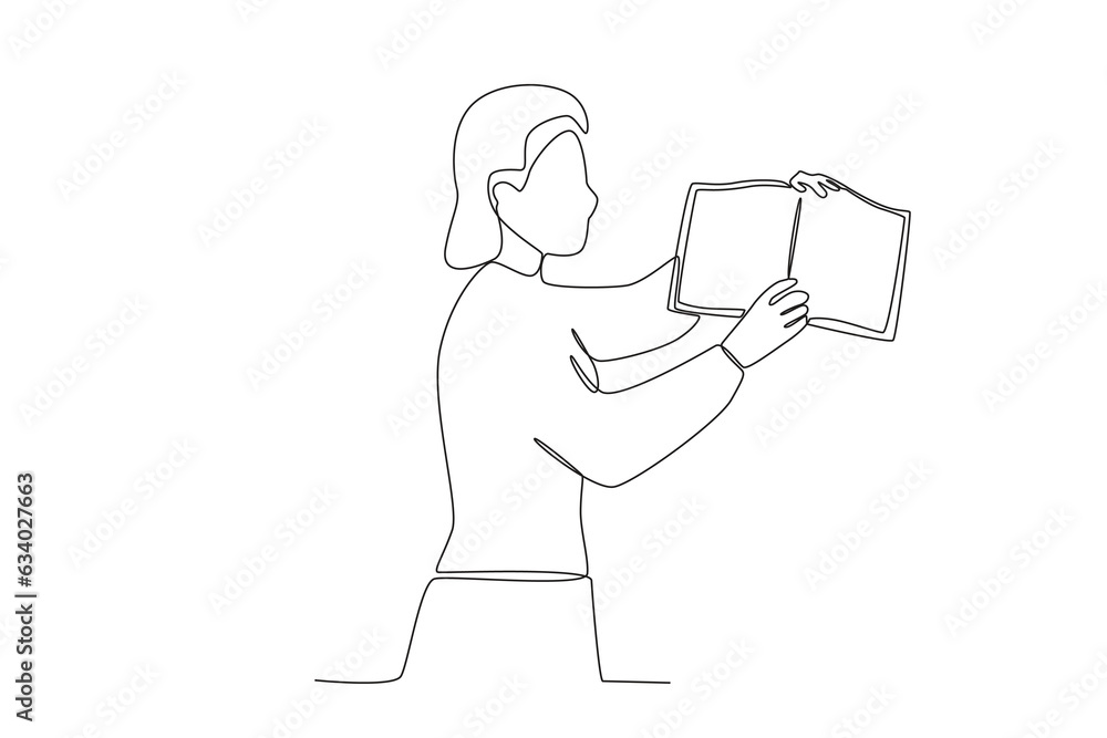 One continuous line drawing of a female librarian is explaining the contents of the book
One continuous line drawing of a female librarian is explaining the contents of the book