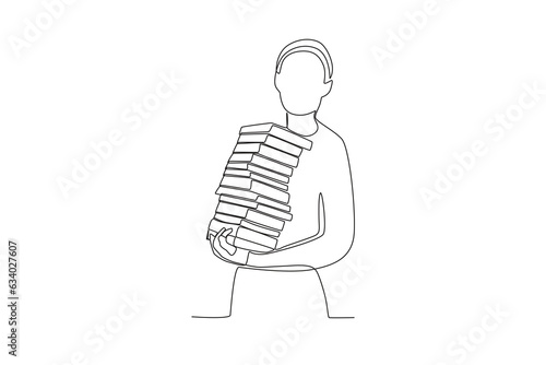 One continuous line drawing of a female librarian is compiling books
