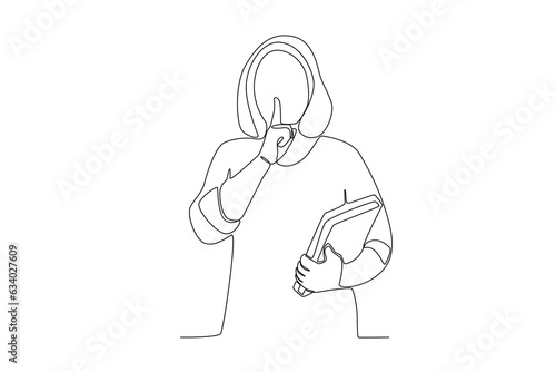 One continuous line drawing of a female librarian who was telling customers not to make a fuss
