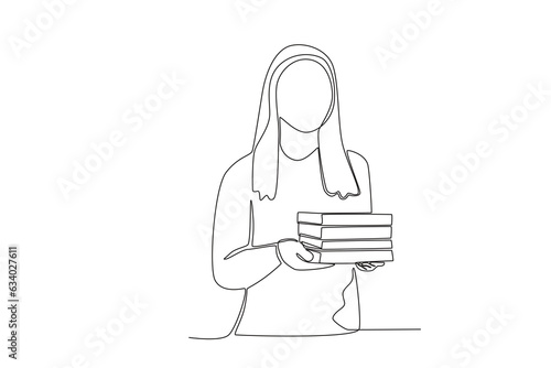 One continuous line drawing of a female library customers have found the books they are looking for
