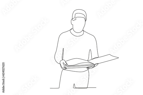 One continuous line drawing of a library customers are confirming the contents of the book to be borrowed
