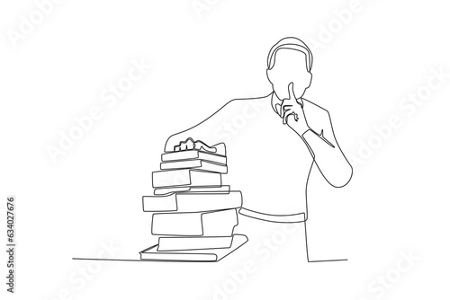 One continuous line drawing of a male librarian assembling a book tells a customer not to make a fuss