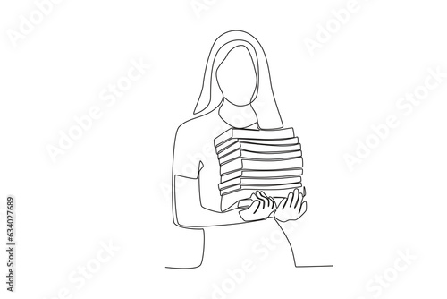 One continuous line drawing of a female librarian carrying a stack of books
