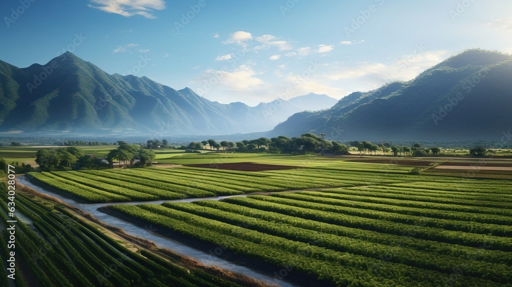 An agricultural valley with irrigated crops view from the sky. Created using Generative AI technology. An agricultural valley with irrigated crops view from the sky. Created using Generative AI technology.